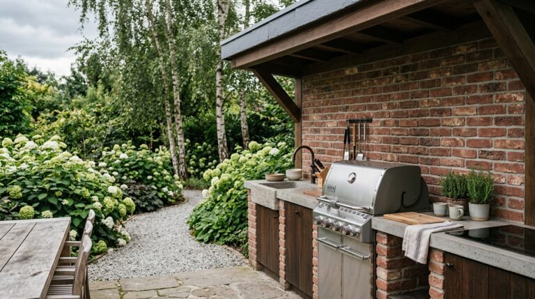 Außenküche mit Ziegelriemchen-Verkleidung im deutschen Garten
