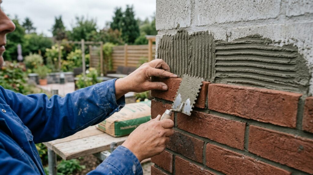 Ziegelriemchen werden auf Außenküchenwand aufgeklebt