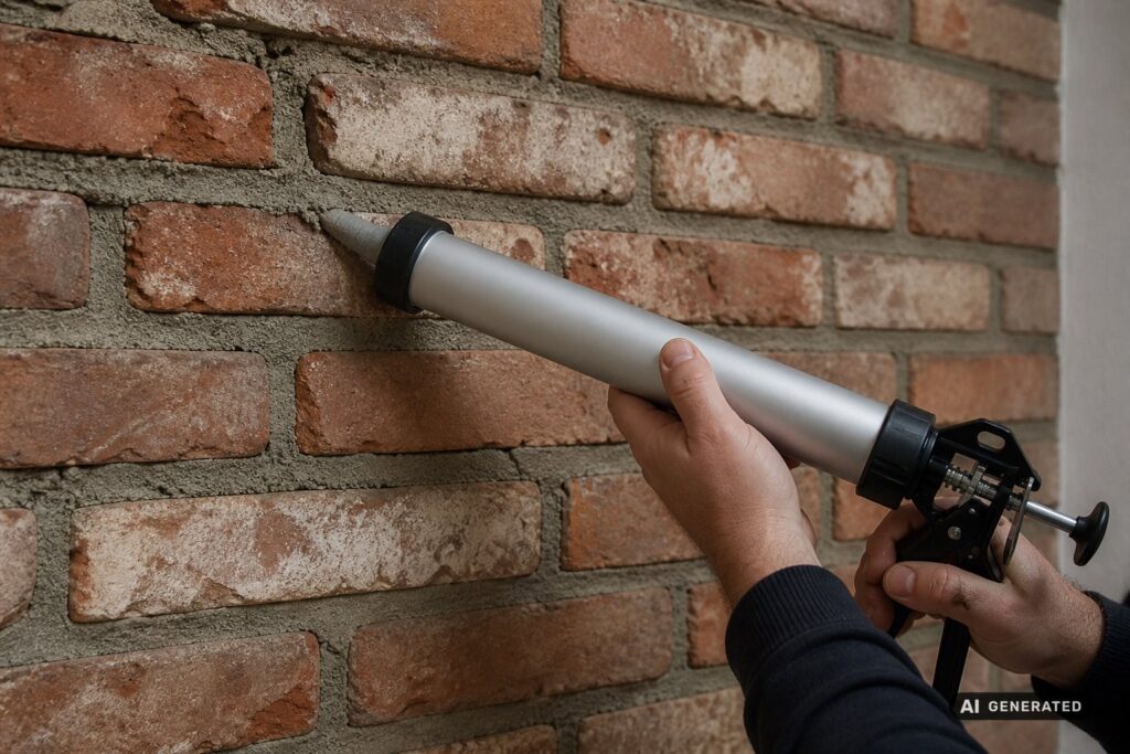 Mörtelspritze setzt grobkörnigen Fugenmörtel in die Fuge einer Ziegelriemchenwand